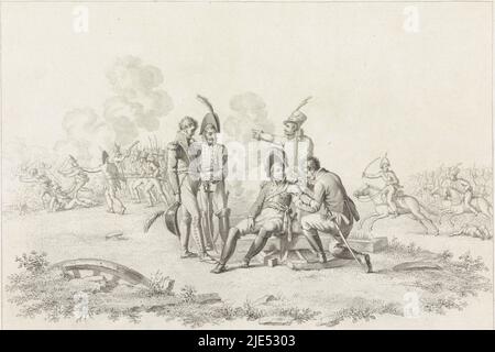 Willem Frederik George, prince d'Orange, blessé sur l'épaule gauche lors de la bataille de Waterloo le 18 juin 1815, est examiné par un chirurgien. Sur la gauche et en arrière-plan de lourds combats. Plusieurs officiers sont debout près du prince, le prince d'Orange a été blessé pendant la bataille de Waterloo, 1815., dessinateur: Jacob Ernst Marcus, (mentionné sur l'objet), dessinateur intermédiaire: Louis Moritz, (mentionné sur l'objet), pays-Bas, 1815, papier, gravure, gravure, h 235 mm × l 330 mm Banque D'Images