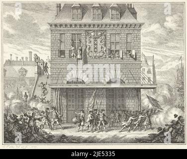 Troubles pendant la pendaison d'un homme et d'une femme (Piet van Dort et le vendeur de citron et de plie sèche Mat van den Nieuwendijk), deux participants au Pachtersoproer, au Waag à Amsterdam, le 28 juin 1748. La milice ouvre le feu sur les spectateurs, des perturbations pendant la pendaison d'un homme et d'une femme au pavillon d'Amsterdam, 28 juin 1748., Imprimeur: Simon Fokke, (mentionné sur l'objet), Simon Fokke, (mentionné sur l'objet), Amsterdam, 1777, papier, gravure, h 176 mm × l 202 mm Banque D'Images