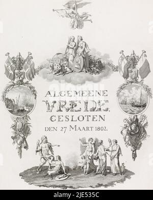 Allégorie de la paix conclue à Amiens le 27 mars 1802 entre la République Batavienne et la France et la Grande-Bretagne. Au-dessus du titre calligraphique se trouvent la paix et la constance (avec un portrait de Napoléon). Au-dessus de ce groupe vole la renommée avec la branche de palmier et les armes de la République française et de la Grande-Bretagne. Au fond, la force bat l'illusion et la vertu pointe la richesse et la science vers la paix. De part et d'autre les conséquences de la paix. À gauche, l'épanouissement du commerce et de l'agriculture, à droite, la pêche au hareng. Allégorie et calligraphie sur la paix d'Amiens, 1802 Banque D'Images