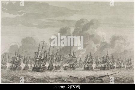 La bataille de Kamperduin le 11 octobre 1797 entre la flotte Batavienne sous le commandement du Vice-amiral Jan Willem de Winter et une flotte britannique sous le commandement de l'amiral Adam Duncan. Au milieu de la bataille. Central de Vrijheid (ce navire sous le commandement de de de Winter) et le Hercules qui coupe son mât en feu, à droite la flotte anglaise, bataille de mer de Kamperduin (centre), 1797 trois plaques de la bataille de mer de Kamperduin, 1797 (titre de la série)., imprimeur: Reinier Vinkeles (I), (mentionné sur l'objet), rapporteur pour avis intermédiaire : Gerrit Groenewegen, (mentionné sur l'objet), pays-Bas, 1798 Banque D'Images