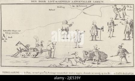 Le Lion hollandais attaqué par la ruse et la violence. Caricature sur les événements politiques de l'année 1780. Le Lion hollandais a attaqué aveuglé par un Français, attaqué par un Espagnol et un ancien Jésuite. Portsmouth, Amsterdam et Brest sont indiqués sur une carte. Sur la gauche, un moine tire un chariot en direction des pays-Bas. Avec deux chiffres ajoutés en haut à droite. Sur la feuille sous la plaque l'explication des figures 1-9., le Lion hollandais attaqué par la tricherie et la violence, 1780 Den par liste et la violence attaqué Lion, imprimeur: Anonyme, pays-Bas du Nord, 1780, papier, gravure, gravure Banque D'Images