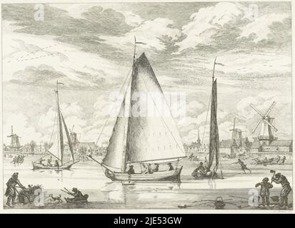 Vue d'hiver avec patins à glace néerlandais. Voiles de glace, traîneaux et patineurs sur le Zaan gelé, dans les moulins de fond et les maisons de Koog aan de Zaan, ca. 1775. Les moulins sont de gauche à droite : moulin à huile de Reus, moulin à plomb blanc de Rob, moulin à peau de Pélikaan et moulin à huile de Christoffel ou Broodkorf. Ces deux derniers moulins se tenaient sur le fameux Koger Hem, barges de glace hollandais avec Koog aan de Zaan en arrière-plan, ca. 1775., imprimeur: Simon Fokke, (mentionné sur l'objet), L. Loosjes, pays-Bas du Nord, 1774 - 1776, papier, gravure, h 197 mm × l 261 mm Banque D'Images