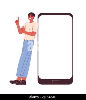 Homme avec smartphone, publicité mobile sur écran vide. Illustration de Vecteur