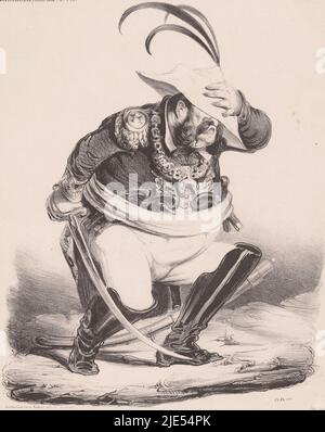 Caricature du roi Louis Philippe I de France dans la guerre contre l'Espagne Malbroug s'en va-t-en guerre (...), imprimerie: Honoré Daumier, imprimeur: Nicolas Louis Delaunois, (mentionné sur objet), éditeur: Aubert & Cié, (mentionné sur objet), Paris, 1835, papier, h 360 mm × l 278 mm Banque D'Images