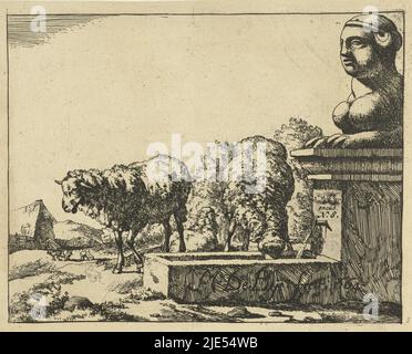 Deux moutons à boire au mouchoir Sheep (titre de la série), imprimeur: Marcus de Bye, (mentionné sur l'objet), éditeur: Nicolaes Visscher (I), (mentionné sur l'objet), imprimeur: La Haye, éditeur: Amsterdam, 1664 et/ou 1761 - 1850, papier, gravure, h 116 mm × l 146 mm Banque D'Images