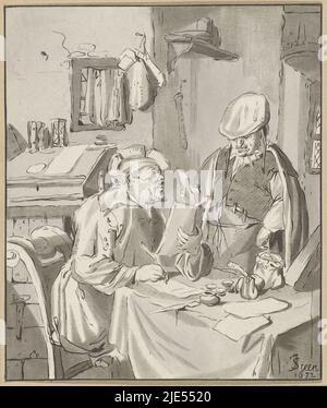 Un homme assis à une table écrit une lettre. A côté de lui se trouve un homme tenant une lettre, auteur d'une lettre destinataire, Cornelis Ploos van Amstel, imprimeur: Bernhard Schreuder, dessinateur intermédiaire: Jan Havicksz. Steen, (mentionné sur l'objet), Amsterdam, 1777 - 1786, papier, gravure, h 156 mm × l 131 mm Banque D'Images