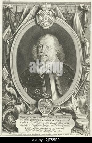 Portrait de Joachim Christian, comte de Wahl, en armure. En bas à droite : 65. Le portrait est placé dans un cadre ovale avec le blason de la personne qui est représentée. Dans le cadre se trouve une légende de six lignes en latin. Autour du cadre différentes armes, drapeaux et un héron. Imprimé d'une série de portraits d'après des peintures d'Anselmus van Hulle de tous les délégués aux négociations de paix à Münster et Osnabrück, Portrait de Joachim Christian Hommes illustres (titre de la série)., Imprimeur: Pieter de Jode (II), (mentionné sur l'objet), après: Anselm van Hulle, (mentionné sur l'objet), Staten van Holland, ( Banque D'Images