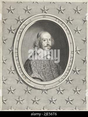 Portrait du cardinal Jules Mazarin dans un cadre ovale sur fond d'étoiles, Portrait de Jules Mazarin Iulius Mazarinus cardinalis dux, imprimerie: Robert Nanteuil, (mentionné sur l'objet), Robert Nanteuil, France, 1659, papier, gravure, h 279 mm × l 220 mm Banque D'Images