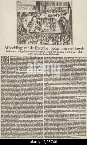 Exécution sur échafaudage de plusieurs personnes reconnues coupables de décapitation du roi Charles I en 1649, à Londres, le 21 octobre 1660. Sur la feuille imprimée sous la plaque une description en 2 colonnes en néerlandais, mentionnant entre autres les exécutions de Jan Carew (25 octobre) Jan Cook (26 octobre) et Thomas Scot (27 octobre), jugement des personnes reconnues coupables de la mort de Charles I, 1660 représentation de l'exécution, Coupable d'un Persoonen déchiré, qui a été battu à la suite de la mort de Carel Stuart de I, Gedaen à Londres le 21 octobre 1660., Imprimeur: Anonyme, pays-Bas du Nord, 1660, papier Banque D'Images