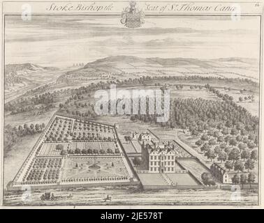 Vue à vol d'oiseau du domaine de Stoke Bishop par Sir Thomas Cann. Au premier plan le manoir et à gauche un chariot et trois cavaliers. En arrière-plan sur la gauche une rivière avec divers navires, qui coule dans un lac ou une mer. Dans la marge le titre et les armoiries. L'imprimé fait partie d'une série de châteaux royaux d'Angleterre, vue de Stoke Bishop Stoke Bishop le siège de Sr Thomas Cann, Britannia Illustrata (titre de la série), imprimeur: Johannes Kip, (mentionné sur l'objet), 1709, papier, gravure, h 356 mm × l 439 mm Banque D'Images