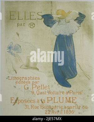 Une femme debout, vue de derrière, travaille sur sa coupe de cheveux. Sa longue robe tombe au sol. La salle, avec un arc et un chapeau d'homme, est seulement marquée par quelques lignes, affiche pour l'exposition de la série les de Toulouse-Lautrec à la Plume les par Toulouse-Lautrec. Lithographies éditées par G. Pellet 9, Quai Voltaire à Paris. Expositions au Plume 31, rue Bonaparte, du 22 avril 1896., imprimerie: Henri de Toulouse-Lautrec, (mentionné sur objet), éditeur: Gustave Pellet, (mentionné sur objet), Paris, 1896, papier, h 648 mm × l 498 mm Banque D'Images