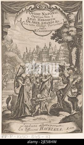 Paris, assis contre un arbre avec la pomme dorée dans sa main droite. Près de lui se trouvent les trois déesses Vénus avec Amor, Minerva avec bouclier et hibou et Juno avec paon. En arrière-plan, vue sur une ville. La représentation est fermée en haut avec des draperies, jugement de Paris page titre: Ovid et Borchardus Cnippingus, Episte. Heroidum l'Arte Amandi, 1670, imprimeur: Anonyme, Simon Vouet, éditeur: oofficina Hackiana, (Mentionné sur l'objet), Leiden, 1670, papier, gravure, h 147 mm - l 90 mm Banque D'Images