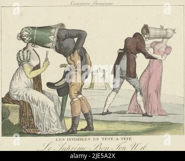 Caricature sur les chapeaux de la grande verrière qui étaient en vogue autour de 1800-1815. Deux couples habillés à la mode, avec la tête de l'homme 'semblant' dans le chapeau de la femme. Sur le troisième plan, deux femmes portant les mêmes chapeaux. Imprimé d'une série de 30 défilés de mode, le Supêche bon ton, Paris, 1800-1815, le Supreme bon ton, caricatures parisiennes, 1800-1815, No.16: Les invisibles en tête-a-tête., imprimeur: Anonyme, éditeur: Aaron Martinet, imprimeur: France, éditeur: Paris, 1800 - 1815, papier, gravure, h 202 mm × l 250 mm Banque D'Images