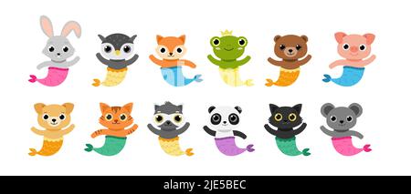 Grand ensemble d'animaux mermaids illustration de dessin animé vecteur. Illustration de Vecteur