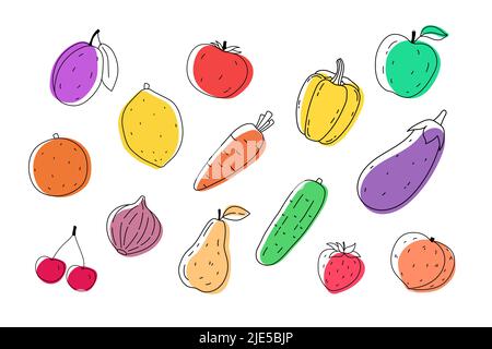 Ensemble de fruits et légumes dessinés à la main. Illustration Doodle Illustration de Vecteur