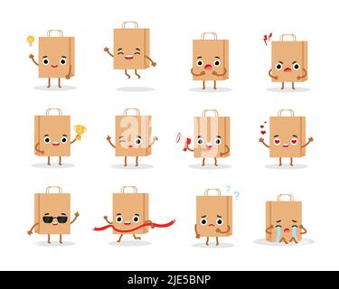 Jeu de papier sac d'achats caractère émotions. Illustration vectorielle des icônes emoji Illustration de Vecteur