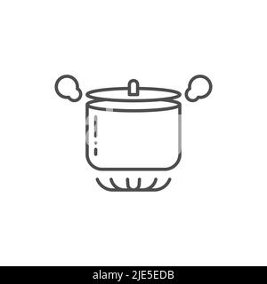 Pot d'ébullition sur l'icône vecteur de poêle à gaz. Contour du signe plat pour le concept mobile et la conception de web. Icône de contour de casserole bouillante. Symbole, illustration du logo. V Illustration de Vecteur