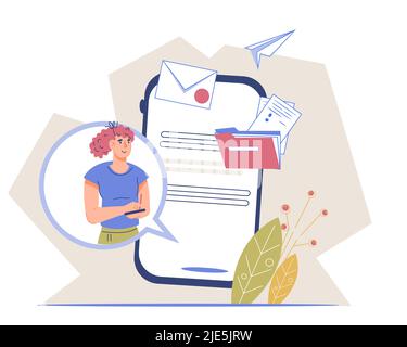 Bannière de service de messagerie avec une femme envoyant du courrier en ligne via un smartphone. Processus professionnel de messagerie électronique, de notification par e-mail et d'envoi de sms, fla Illustration de Vecteur