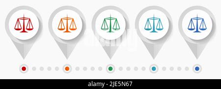 Icônes vectorielles Justice concept, modèle d'infographie modifiable, jeu de pointeurs plats colorés Illustration de Vecteur