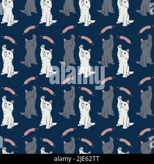 Motif vectoriel sans coutures avec chatons et saucisses. Design amusant avec des chats blancs et gris dessinés à la main. Illustration de Vecteur