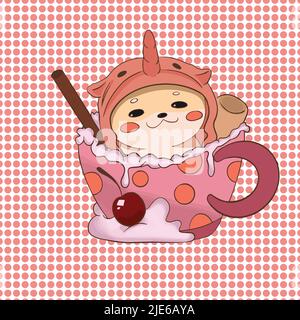 Un shéba satisfait est assis dans une tasse et se déonde pour vous. Illustration de Vecteur