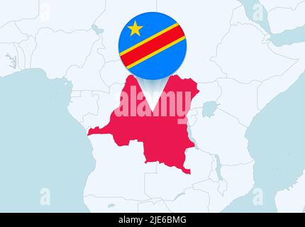Afrique avec une carte sélectionnée de la RD Congo et l'icône du drapeau de la RD Congo. Carte vectorielle et indicateur. Illustration de Vecteur