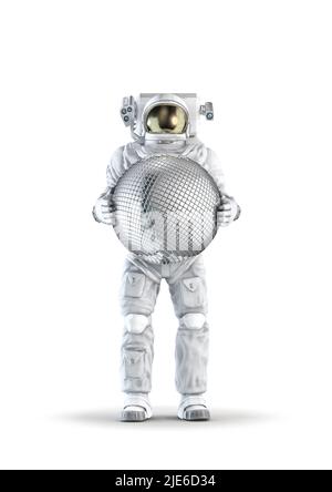 Astronaute avec boule disco - 3D illustration d'un costume d'espace portant une figure mâle tenant une boule miroir brillante isolée sur fond blanc de studio Banque D'Images