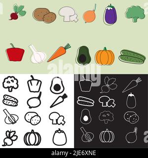 Ensembles de douze icônes de légumes sur différents arrière-plans. Concept d'alimentation saine. Illustration vectorielle.icônes de ligne de légumes. Illustration de Vecteur