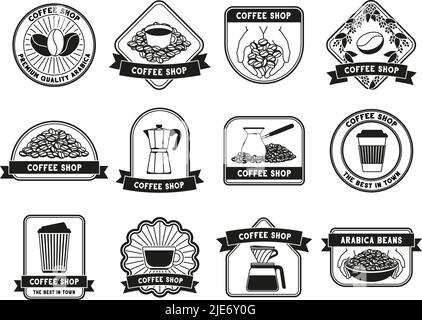 Écussons du café-restaurant. Étiquettes de café avec tasse à espresso, cafetière et ensemble de grains de café arabica Illustration de Vecteur
