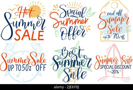 Soldes d'été. Lettering offre spéciale, réduction saison et jeu de vecteur promotion vacances paradis tropical Illustration de Vecteur