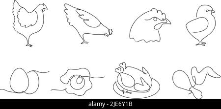 Une ligne de poulets. Ensemble de vecteurs d'illustration de ligne continue d'oiseau, de viande de poulet et d'œufs de ferme Illustration de Vecteur