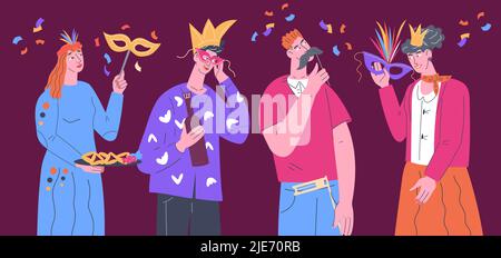 Carnival bannière maquette avec des gens dans des masques et des chapeaux de mascarade drôles, illustration vectorielle plate. Personnes célébrant Purim, Mardi gras festival ou othe Illustration de Vecteur