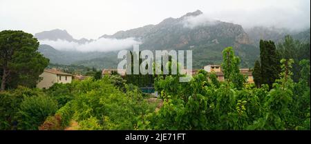 Vue sur Soller Mallorca avec des nuages bas en face des montagnes Tramuntana Banque D'Images