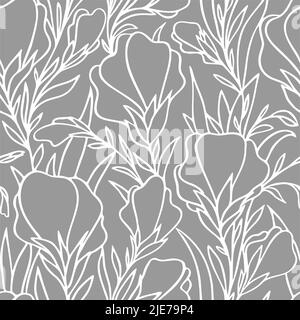 motif de contour blanc sans couture de grands boutons de fleurs sur fond gris, texture florale, design Illustration de Vecteur