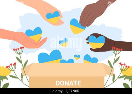 Les mains des gens font des dons et aident l'Ukraine à lutter contre la crise humanitaire. Les volontaires donnent des coeurs avec le drapeau ukrainien à l'illustration de vecteur plat de boîte de don. Espoir, solidarité, notion d'aide aux réfugiés Illustration de Vecteur