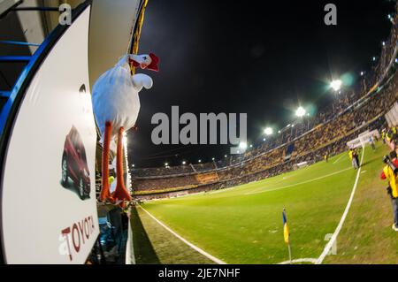 Un poulet jouet hungs comme un prank dans le stade de la Bombonera à pleine capacité avant un match "Superclasico" entre Boca Juniors et River plate. Banque D'Images