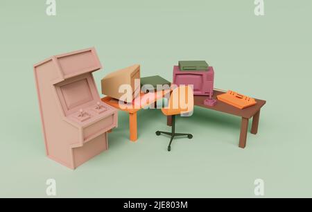 3D rendu de la table d'éléments de salle d'arcade et machine de jeu isolée sur fond pastel, 3D arrière-plan scène minimale Banque D'Images