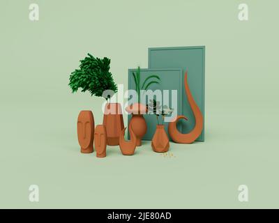 3D rendu de matériaux décoratifs colorés de maison isolés sur fond pastel, 3D arrière-plan scène minimale Banque D'Images