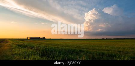 Image idyllique d'une ferme éloignée et d'un nuage de tempête dans la campagne hollandaise au coucher du soleil Banque D'Images