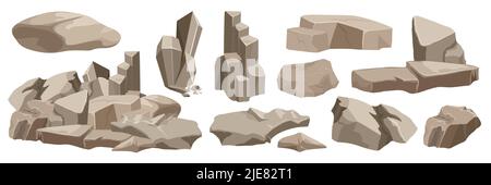 Illustrations vectorielles de pierres et de pierres. Piles de bandes dessinées de blocs de rochers naturels, petits et grands blocs de granit et matériaux bruts, galets solides gris et tas de gravier, falaise brisée isolée sur blanc Illustration de Vecteur