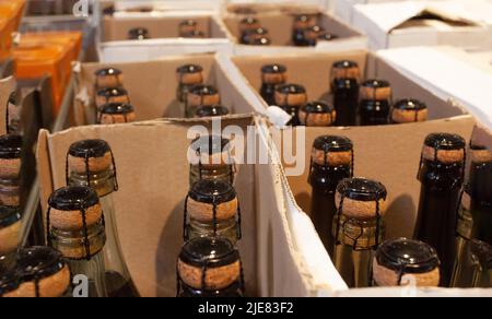 Vin mousseux. Flacons avec bouchons en boîte Banque D'Images