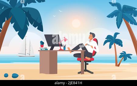 Joyeux homme d'affaires assis avec les pieds à la table de bureau sur la plage de sable de l'illustration vectorielle de l'île paradisiaque. Dessin animé satisfait jeune homme en costume à l'arrière-plan de travail de rêve. Détente, concept de loisirs Illustration de Vecteur