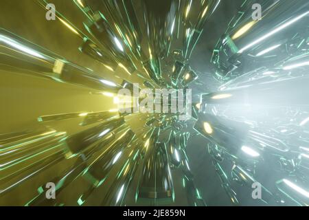 Tunnel SCI-fi avec lumières néon jaune et vert. Un tunnel high-tech abstrait comme toile de fond dans le style du cyber-punk ou de l'avenir high-tech. 3d rendu i Banque D'Images