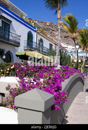 Décoration florale sur un pont au-dessus d'un chenal, Puerto de Mogan, Bougainvillea (Bougainvillea glabra), Grand Canary, îles Canaries, Espagne, Europe Banque D'Images