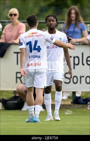 Mike Tresor Ndayishimiye de Genk photographié lors d'un match de football amical entre l'équipe belge de la Jupiler Pro League KRC Genk et l'équipe de la division 3rd Eendracht Termien, à Genk, le samedi 25 juin 2022. BELGA PHOTO JOHAN EYCKENS Banque D'Images