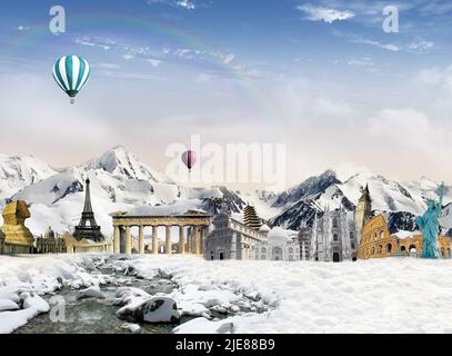 World landmarks dans le névé avec ruisseau et montagne et montgolfières volant dans le ciel avec rainbow Banque D'Images