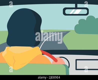 La fille dans la voiture conduit le long de la route dans le champ. Elle regarde dans le rétroviseur. Illustration de Vecteur