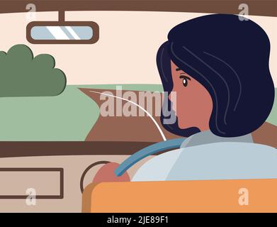 La fille dans la voiture conduit le long de la route dans le champ. Elle regarde dans le rétroviseur. Illustration de Vecteur