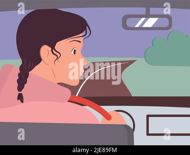 La fille dans la voiture conduit le long de la route dans le champ. Elle regarde dans le rétroviseur. Illustration de Vecteur