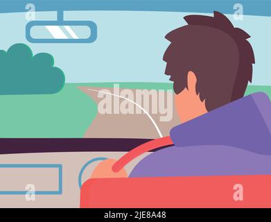 Le type dans la voiture roule le long de la route dans le champ. Il regarde dans le rétroviseur. Voyageur en voyage. Illustration de Vecteur